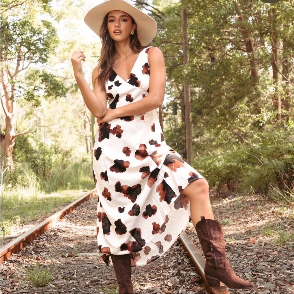 Women's White Maxi Dress with Brown Floral Print
